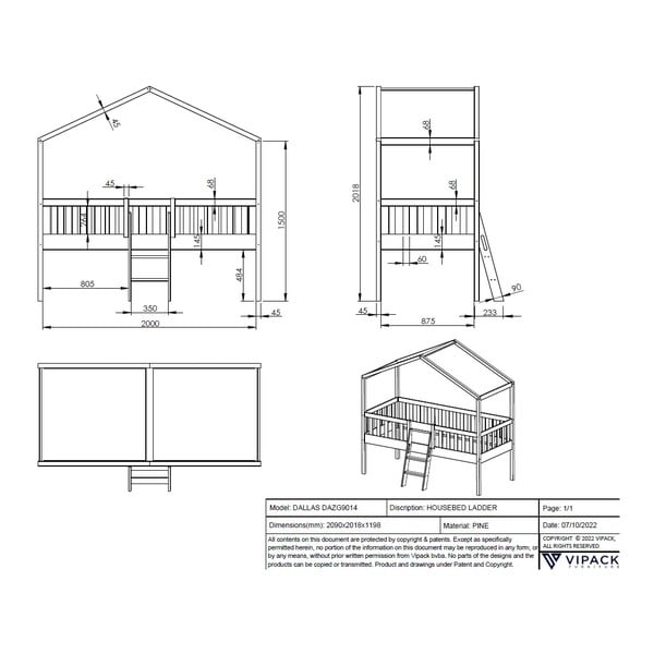 Bílá vyvýšená domečková dětská postel z borovicového dřeva 90x200 cm DALLAS – Vipack-image-3