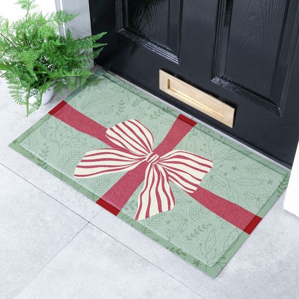 Rohožka s vánočním motivem z recyklovaného plastu 40x70 cm Red & White Stripe Bow – Artsy Doormats-image-1