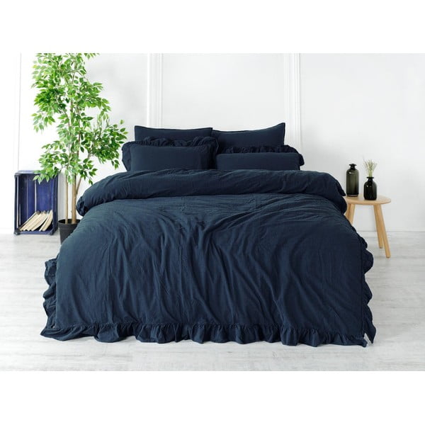 Tmavě modré povlečení na dvoulůžko/prodloužené z bavlny Renforcé 240x220 cm Ruffle Striped – Mila Home Luxury-image-1