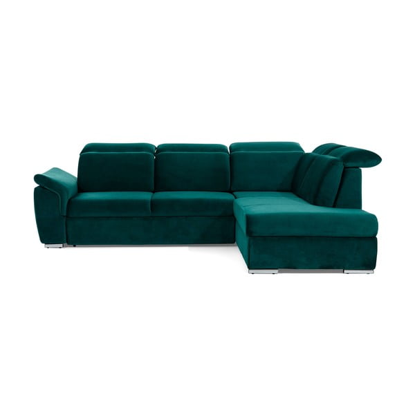 Zelená sametová rozkládací/s úložným prostorem rohová pohovka (pravý roh/do L) Loreto – ELTAP