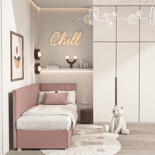 Růžová rohová dětská postel s úložným prostorem s matrací 90x200 cm Snugi – Ghado-image-1