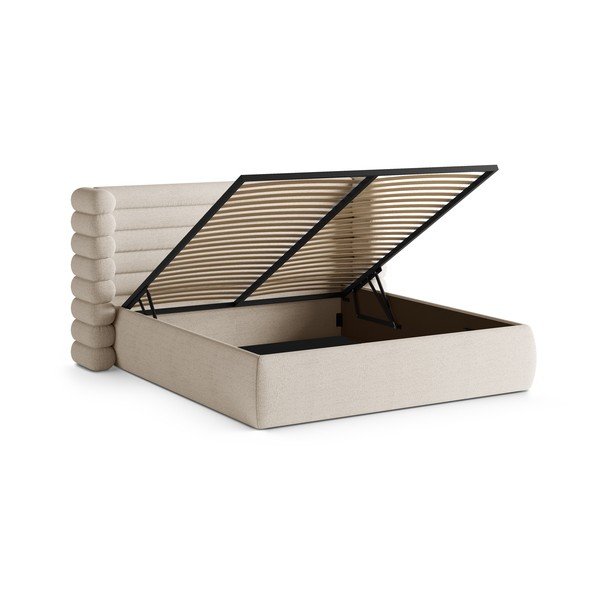 Béžová čalouněná dvoulůžková postel s úložným prostorem s roštem 200x200 cm Mount – Micadoni -image-2