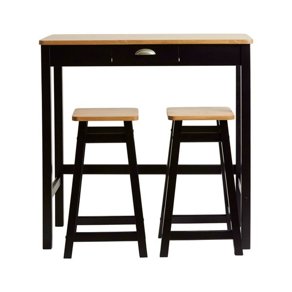 Černý barový stolek se 2 stoličkami z masivního borovicového dřeva Marckeric Caya