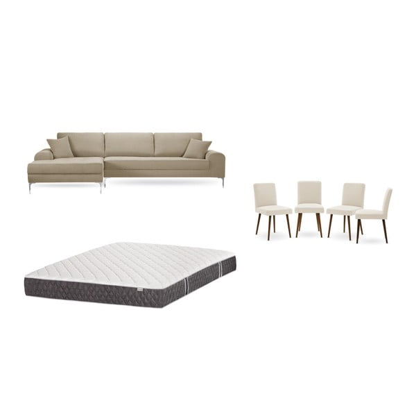 Set šedobéžové pohovky s lenoškou vlevo, 4 krémových židlí a matrace 160 x 200 cm Home Essentials