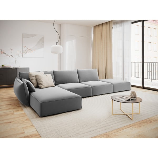 Světle šedá sametová rohová pohovka (levý roh/s lenoškou) Vanda – Mazzini Sofas-image-1
