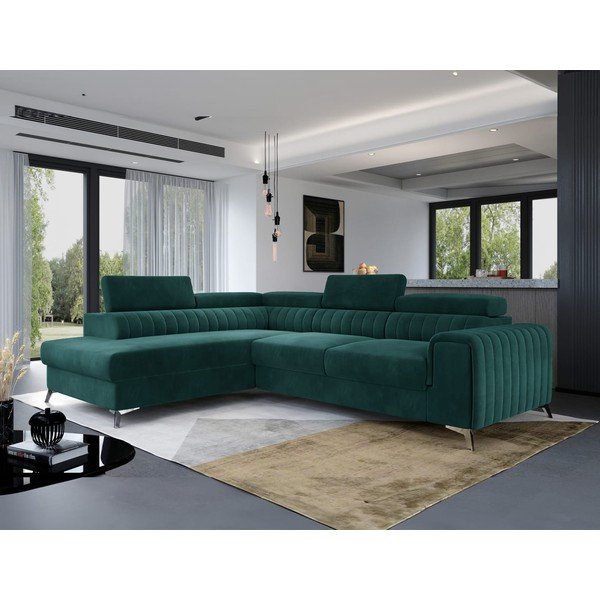 Zelená sametová rozkládací/s úložným prostorem rohová pohovka (levý roh/do L) Laurence – ELTAP-image-1