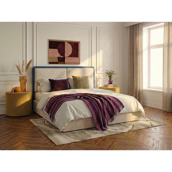 Modrá/béžová čalouněná dvoulůžková postel s úložným prostorem s roštem 180x200 cm Mara – Bobochic Paris-image-1
