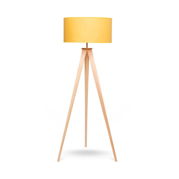 Stojací lampa s dřevěnými nohami a žlutým stínidlem Bonami Essentials Karol