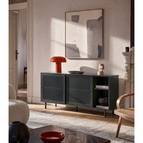 Tmavě zelená kovová nízká komoda s posuvnými dveřmi 160x75 cm Veep – Unique Furniture-image-1
