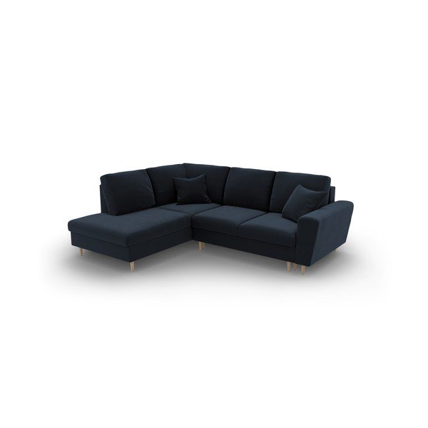 Tmavě modrá sametová rozkládací/s úložným prostorem rohová pohovka (levý roh/do L) Kyoto – Cosmopolitan Design-image-1