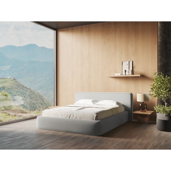 Světle šedá čalouněná dvoulůžková postel s úložným prostorem s roštem 180x200 cm Kiana – Makamii-image-1