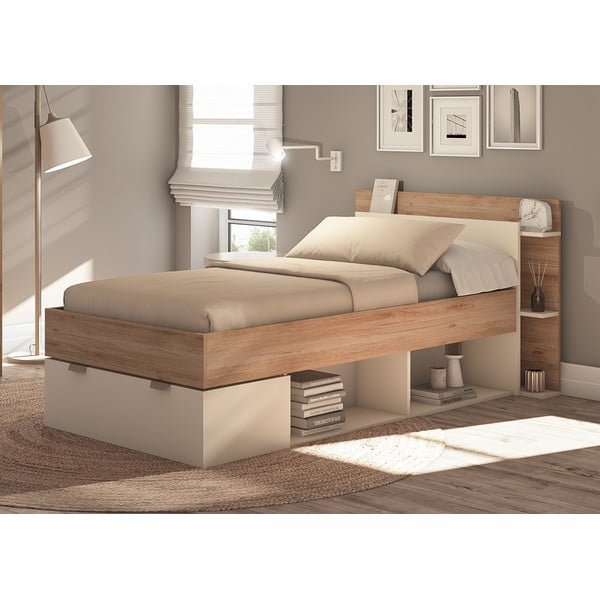 Jednolůžková postel v dekoru dubu s úložným prostorem bez roštu v bílo-přírodní barvě 90x200 cm Albo – Marckeric-image-1