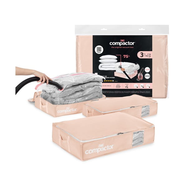 Vakuové plastové úložné boxy pod postel v sadě 3 ks 65x45x15,5 cm Pink Edition – Compactor