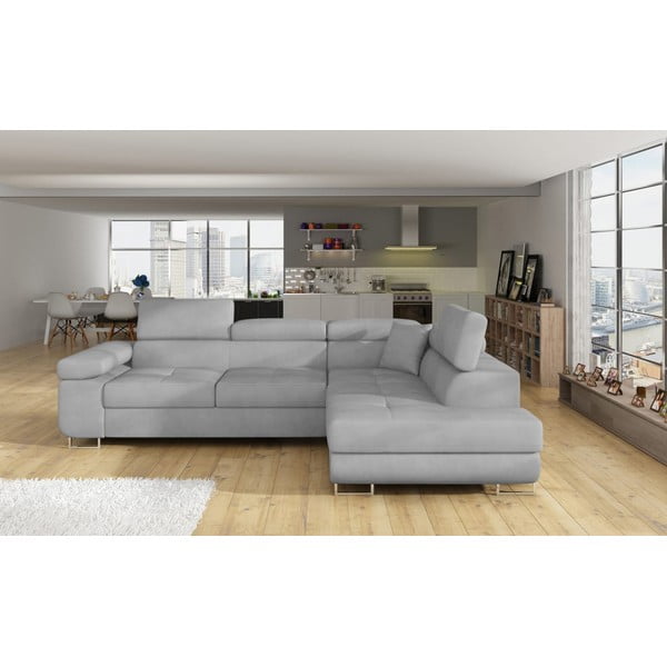 Světle šedá sametová rozkládací/s úložným prostorem rohová pohovka (pravý roh/do L) Anton – ELTAP-image-1