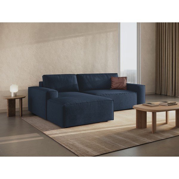 Tmavě modrá rozkládací rohová pohovka z textilie bouclé (levý roh) Jodie – Micadoni Home-image-1