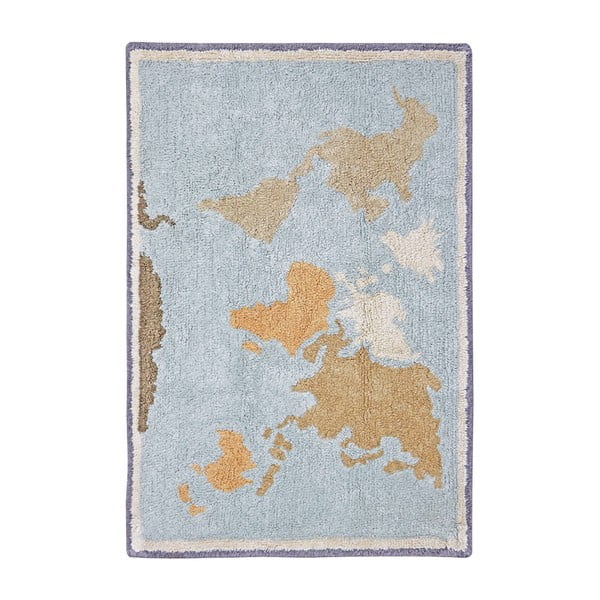 Modro-béžový pratelný ručně tkaný bavlněný dětský hrací koberec 70x100 cm Mini Worldmap – Lorena Canals