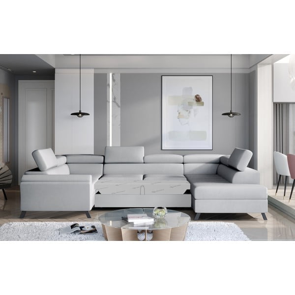Světle šedá sametová rozkládací/s úložným prostorem rohová pohovka (pravý roh/do "U") Escada – ELTAP-image-2