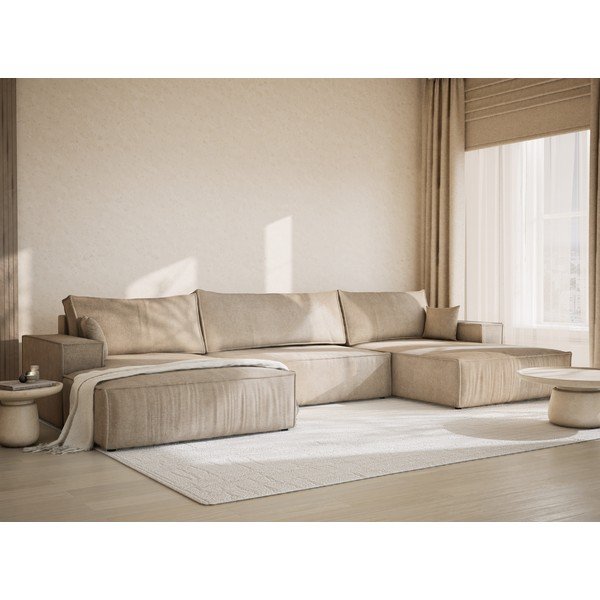 Béžová žinylková rozkládací/s úložným prostorem rohová pohovka (do "U") Kyoto – Maison de Rêve-image-1