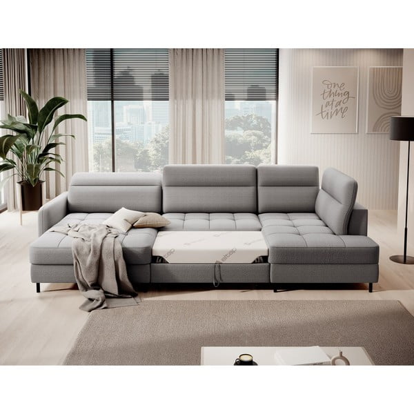 Světle šedá sametová rozkládací/s úložným prostorem rohová pohovka (pravý roh/do "U") Berrto – ELTAP-image-3