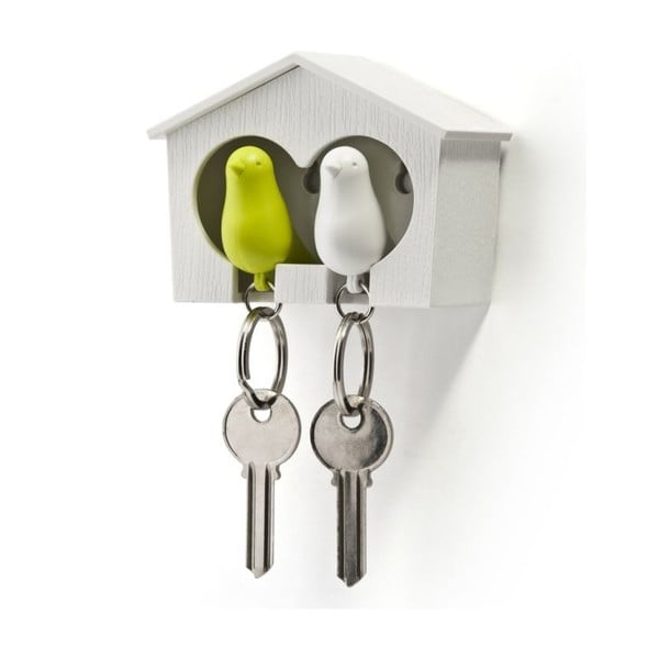 Bílý věšáček na klíče s bílou a zelenou klíčenkou Qualy Duo Sparrow