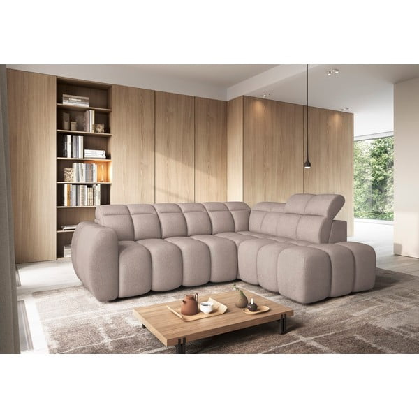 Světle hnědá rozkládací/s úložným prostorem rohová pohovka z textilie bouclé (pravý roh/do L) Falconn – ELTAP-image-1