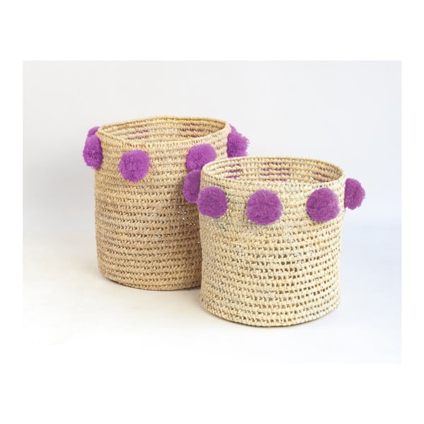 Sada 2 úložných košíků z palmových vláken s fialovými dekoracemi Madre Selva Milo Basket