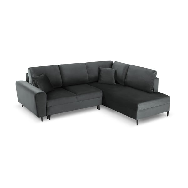 Tmavě šedá sametová rozkládací/s úložným prostorem rohová pohovka (pravý roh/do L) Kyoto – Cosmopolitan Design-image-1