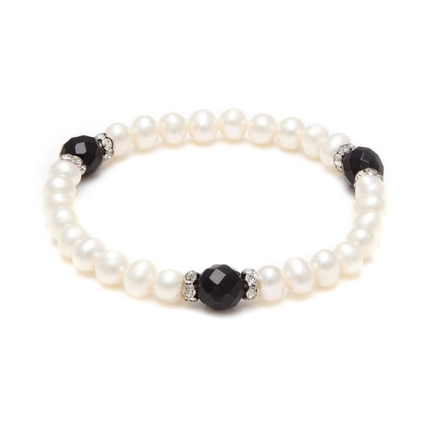 Náramek z říčních perel GemSeller Hirta, bílé perly a černý onyx