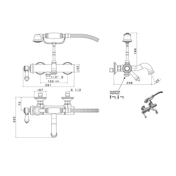 Nástěnná vanová baterie v leskle stříbrné barvě (2 výstupy) Vienna – Sapho-image-1