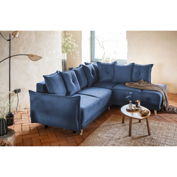 Tmavě modrá manšestrová rozkládací rohová pohovka (pravý roh) Lazy Lukka – Miuform-image-3