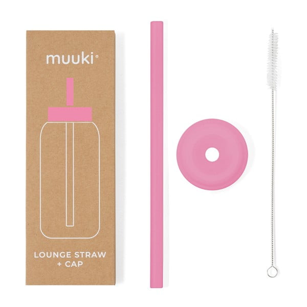 Silikonové brčko s čistícím kartáčkem/s víčkem Flamingo Pink – Muuki