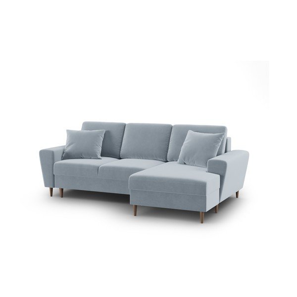 Světle modrá sametová rozkládací/s úložným prostorem rohová pohovka (pravý roh/s lenoškou) Kyoto – Cosmopolitan Design-image-1