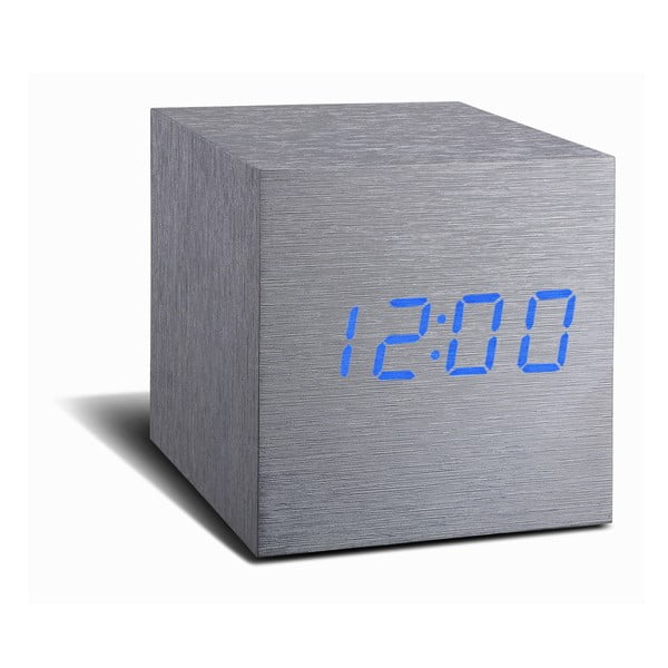 Šedý budík s modrým LED displejem Gingko Cube Click Clock