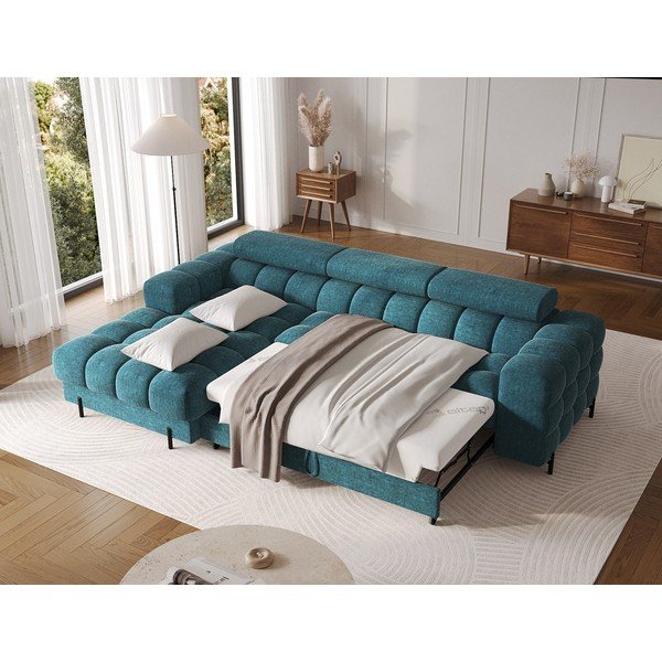 Modrá rozkládací/s úložným prostorem rohová pohovka z textilie bouclé (levý roh/s lenoškou) Felro – ELTAP-image-4