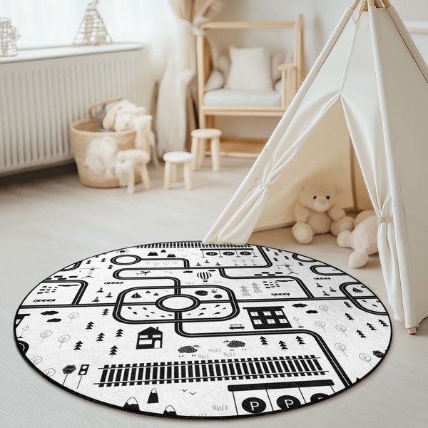 Černobílý pratelný dětský hrací koberec ø150 cm In My Town – Mila Home-image-1