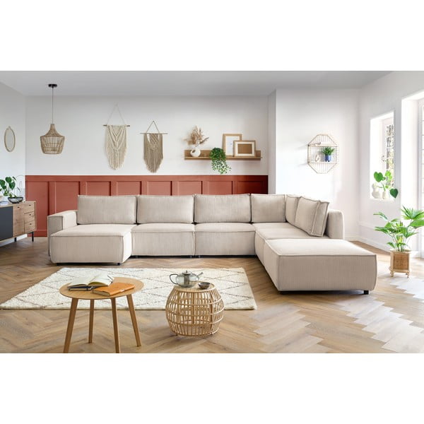 Krémová manšestrová rohová pohovka do "U", pravý roh Nihad modular – Bobochic Paris-image-1