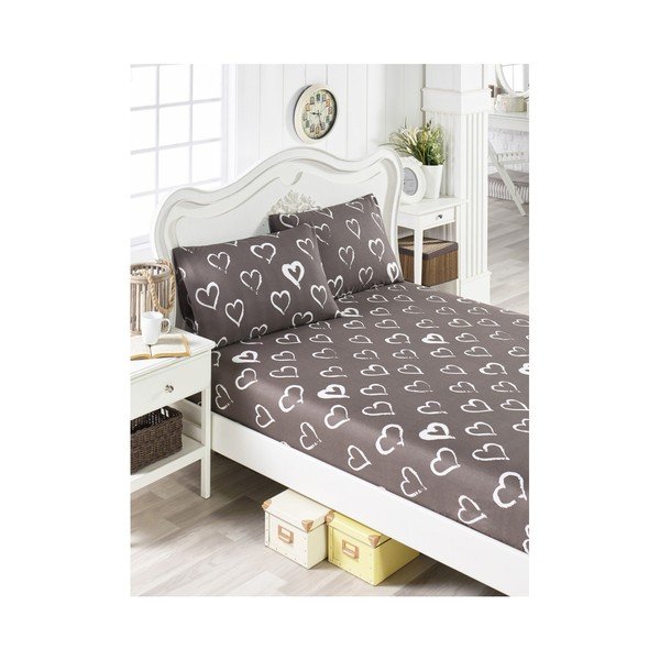 Set bavlněného hnědého prostěradla a 2 povlaků na polštáře na jednolůžko Hearts Lusno, 100 x 200 cm