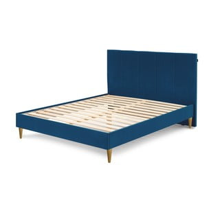 Tmavě modrá sametová dvoulůžková postel Bobochic Paris Vivara Light, 160 x 200 cm