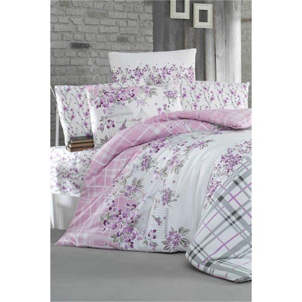 Povlečení na dvoulůžko s prostěradlem Pure Cotton Nature Lila, 200 x 220 cm