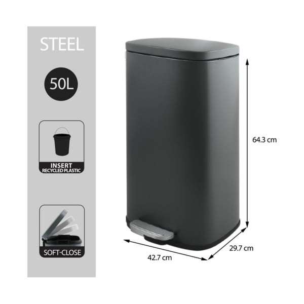 Tmavě šedý nášlapný ocelový odpadkový koš 50 l   Akira – Spirella-image-2