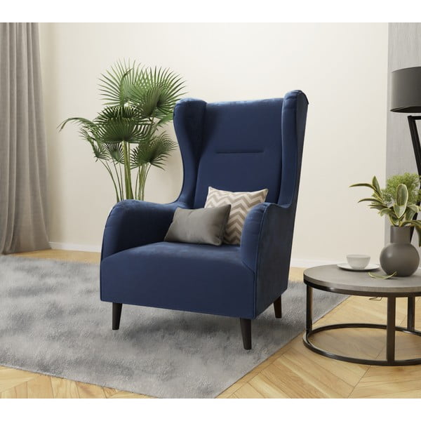 Tmavě modré sametové křeslo ušák Carole – Ropez-image-4