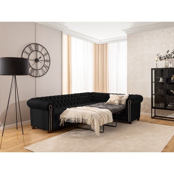 Černá sametová rozkládací rohová pohovka (pravý roh/do L) York Blik – Ropez-image-4