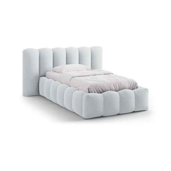 Světle šedá čalouněná jednolůžková postel s úložným prostorem s roštem 90x200 cm Lupine – Micadoni 