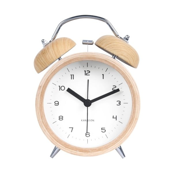 Bílý budík v dřevěném dekoru Karlsson Classic Bell, ⌀ 10 cm