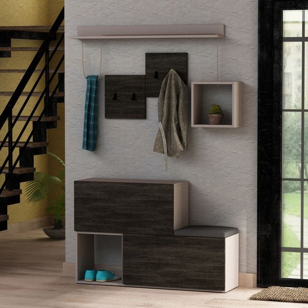 Set tmavě šedého botníku / lavice a nástěnného věšáku s policí Homitis Holdon-image-1