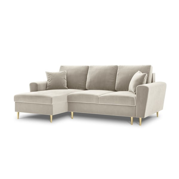 Béžová sametová rozkládací/s úložným prostorem rohová pohovka (levý roh/s lenoškou) Kyoto – Cosmopolitan Design-image-4