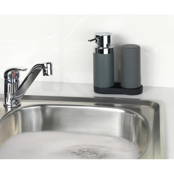 Sada 2 šedých zásobníků na mycí prostředek s podtáckem Wenko Squeeze, 250 ml-image-2