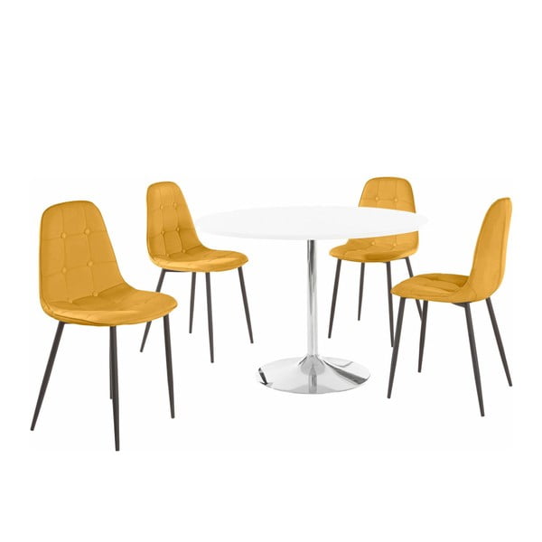 Sada kulatého jídelního stolu a 4 žlutých židlí Støraa Terri