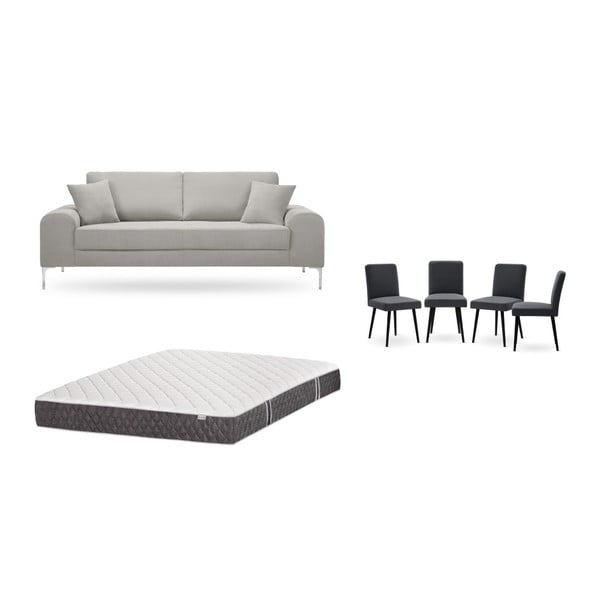Set třímístné světle šedé pohovky, 4 antracitově šedých židlí a matrace 160 x 200 cm Home Essentials