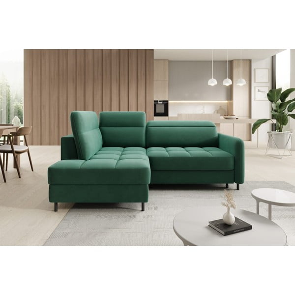 Zelená sametová rozkládací/s úložným prostorem rohová pohovka (levý roh/do L) Barea – ELTAP-image-1